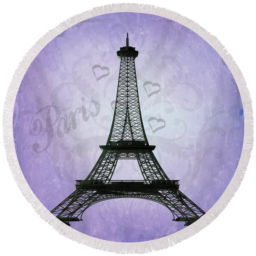 Eiffel Tower Round Beach Towel featuring the photograph Eiffel Tower collage purple by Jim And Emily Bush