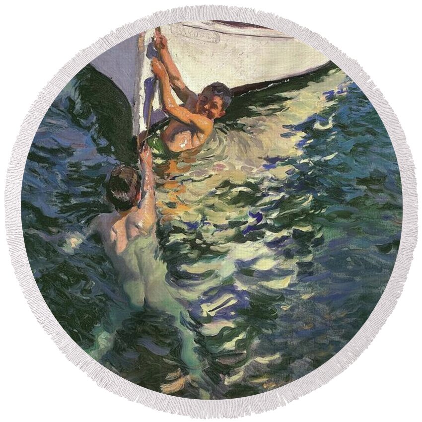 Joaquin Sorolla Round Beach Towel featuring the painting El Bote Blanco by Joaquin Sorolla