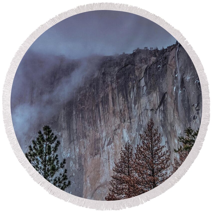 2017conniecooper-edwards Round Beach Towel featuring the photograph El Capitan Horsetail Falls Stormy Sunset by Connie Cooper-Edwards