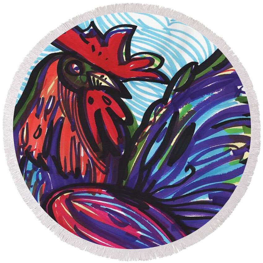 Rooster Round Beach Towel featuring the drawing Elegant rooster by Enrique Zaldivar