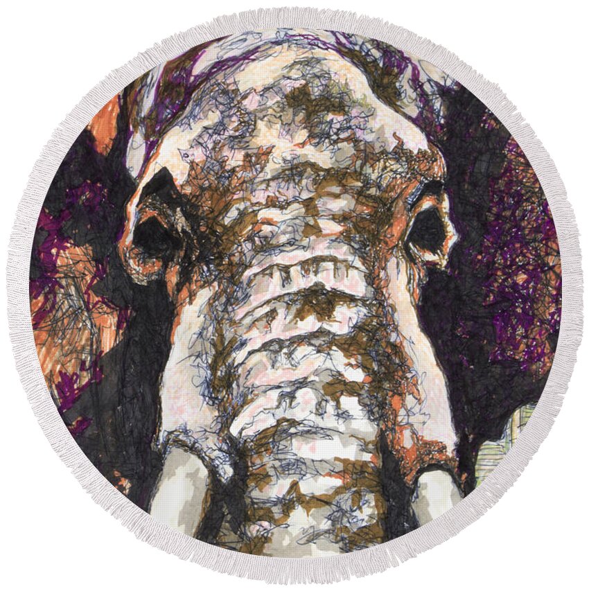 Elephant Round Beach Towel featuring the drawing Elephant #6 by Dale Beckman