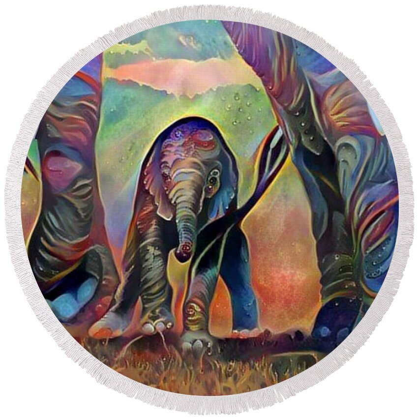 Elephant Trio Round Beach Towel featuring the painting Elephant Delight 2 by Patty Vicknair