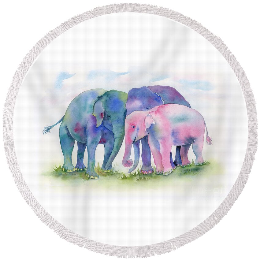 Elephant Round Beach Towel featuring the painting Elephant Hug by Amy Kirkpatrick