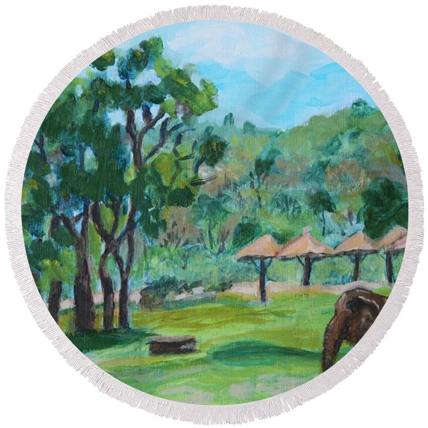 Thailand Round Beach Towel featuring the painting Elephant Sanctuary Ching Mai Thailand by Jan Bennicoff