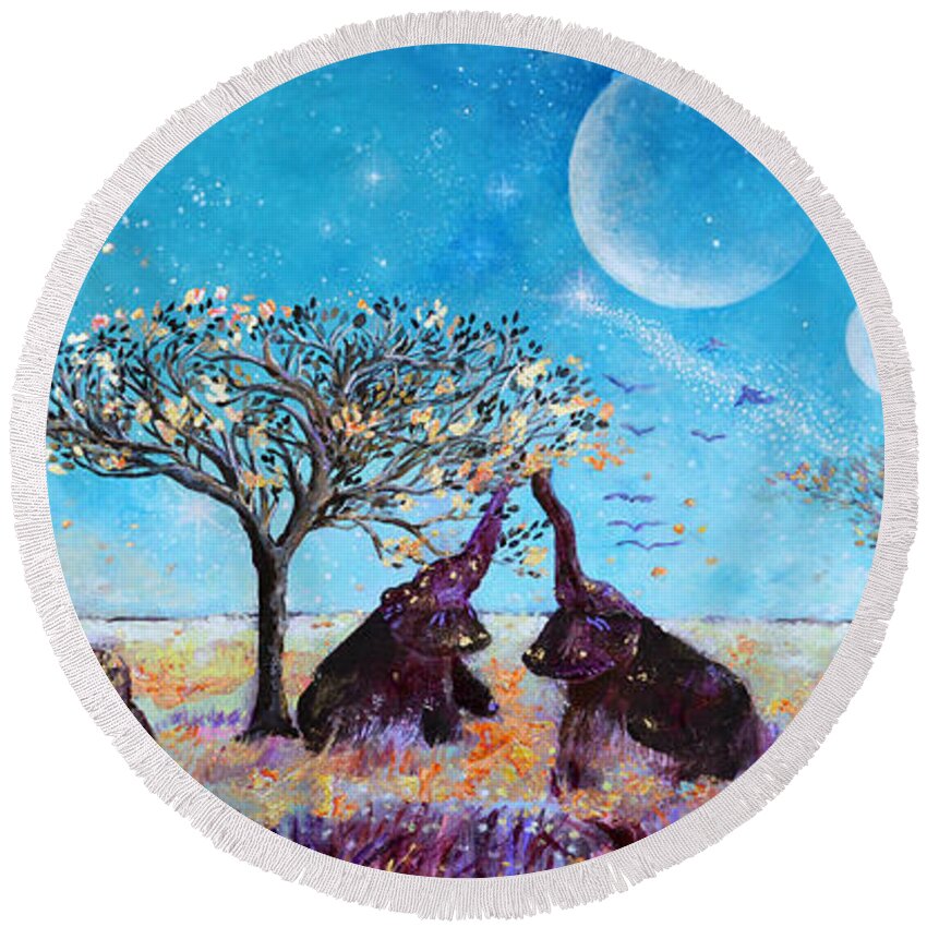 Elephants Round Beach Towel featuring the painting Elephants and Contentment by Ashleigh Dyan Bayer