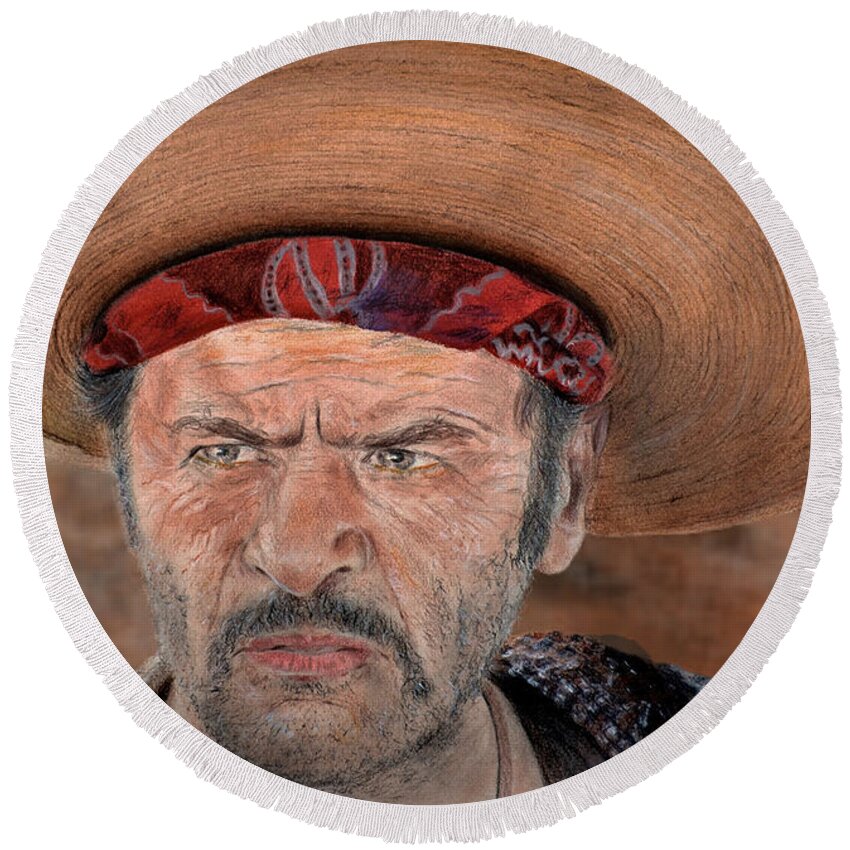 Eli Wallach As Tuco In The Good The Bad And The Ugly Round Beach Towel featuring the drawing Eli Wallach as Tuco in The Good the Bad and the Ugly Version II by Jim Fitzpatrick