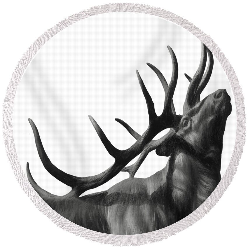  Black Round Beach Towel featuring the painting Elk in Black in White by O Lena