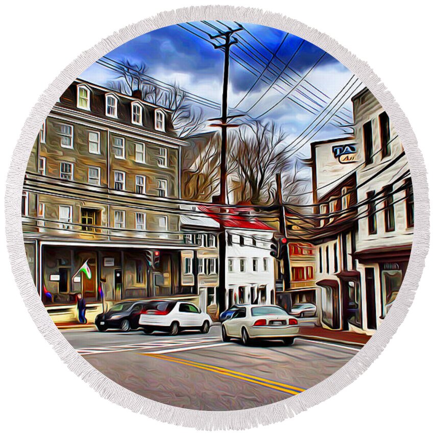 Ellicott Round Beach Towel featuring the digital art Ellicott City Streets by Stephen Younts