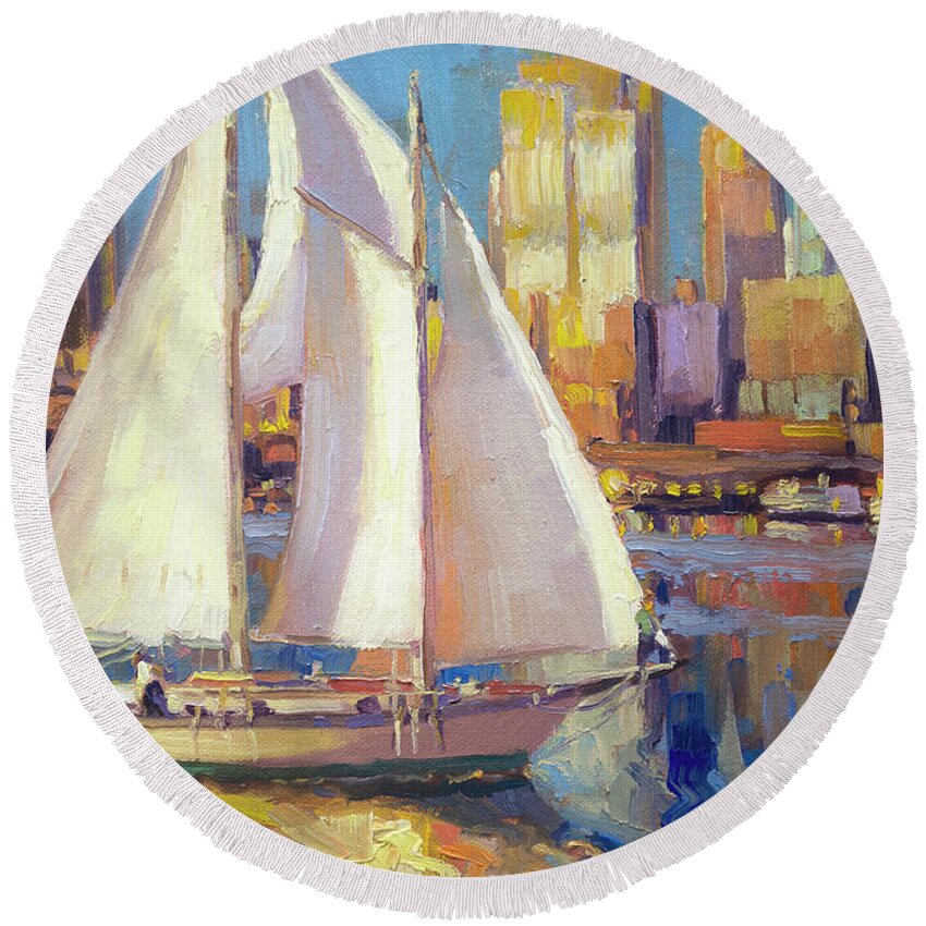 Seattle Round Beach Towel featuring the painting Elliot Bay by Steve Henderson