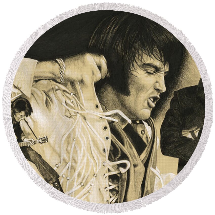 Elvis Round Beach Towel featuring the drawing Elvis in Charcoal #183, No title by Rob De Vries