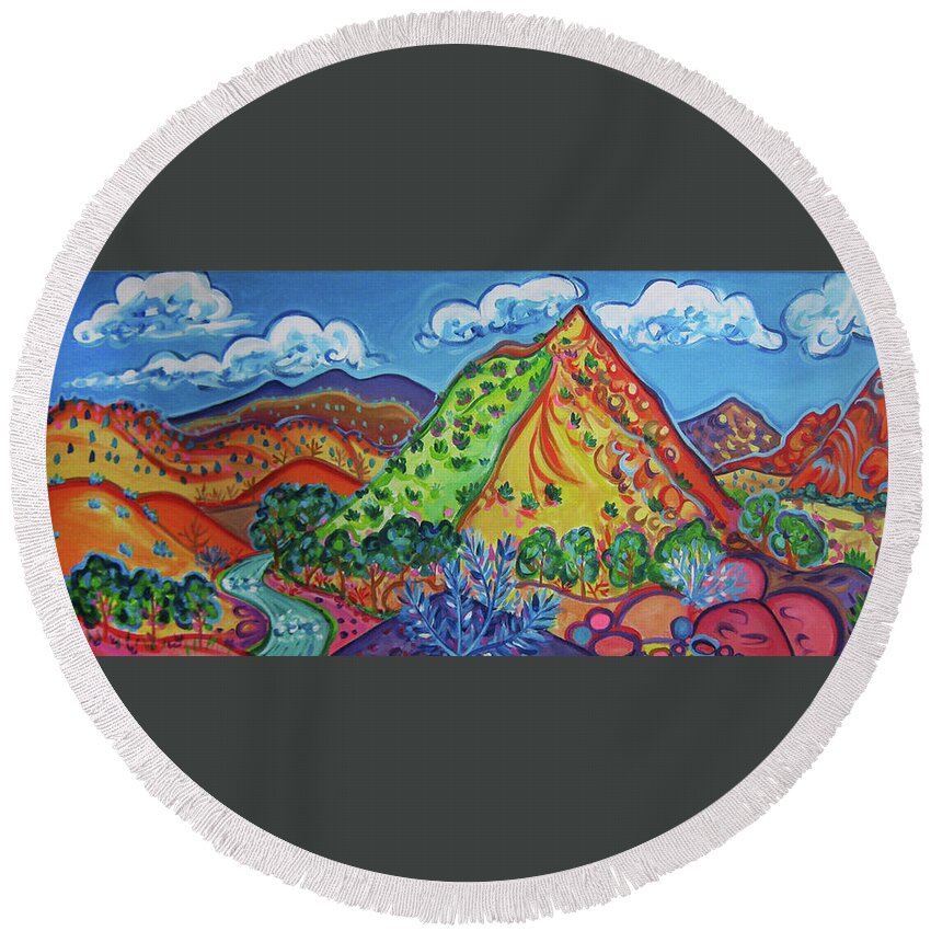 Colorful Art Round Beach Towel featuring the painting Embudo Valley Peak by Rachel Houseman