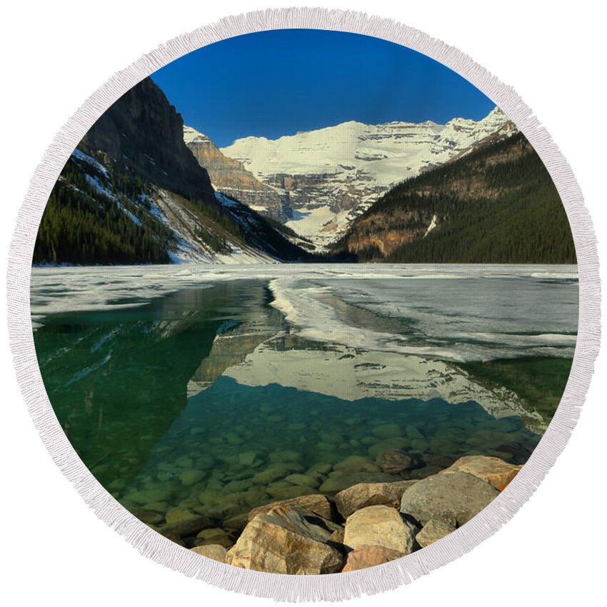 Lake Louise Round Beach Towel featuring the photograph Emerald Blue Lake Louise Spring Waters by Adam Jewell