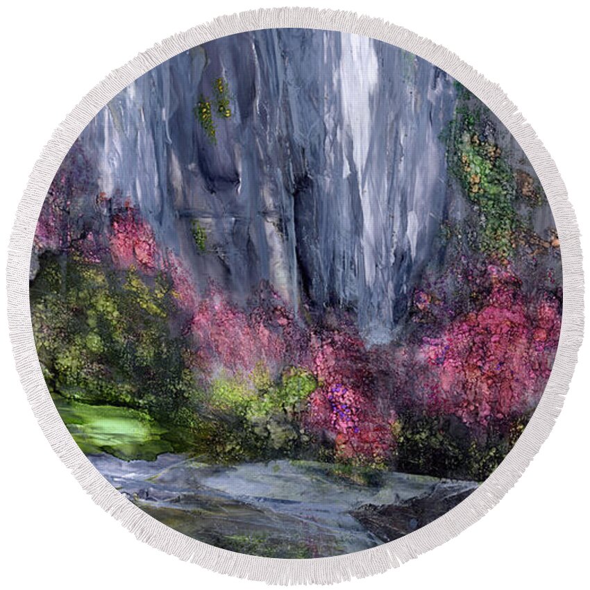 Abstract Landscape Round Beach Towel featuring the painting Emerald Grotto by Charlene Fuhrman-Schulz