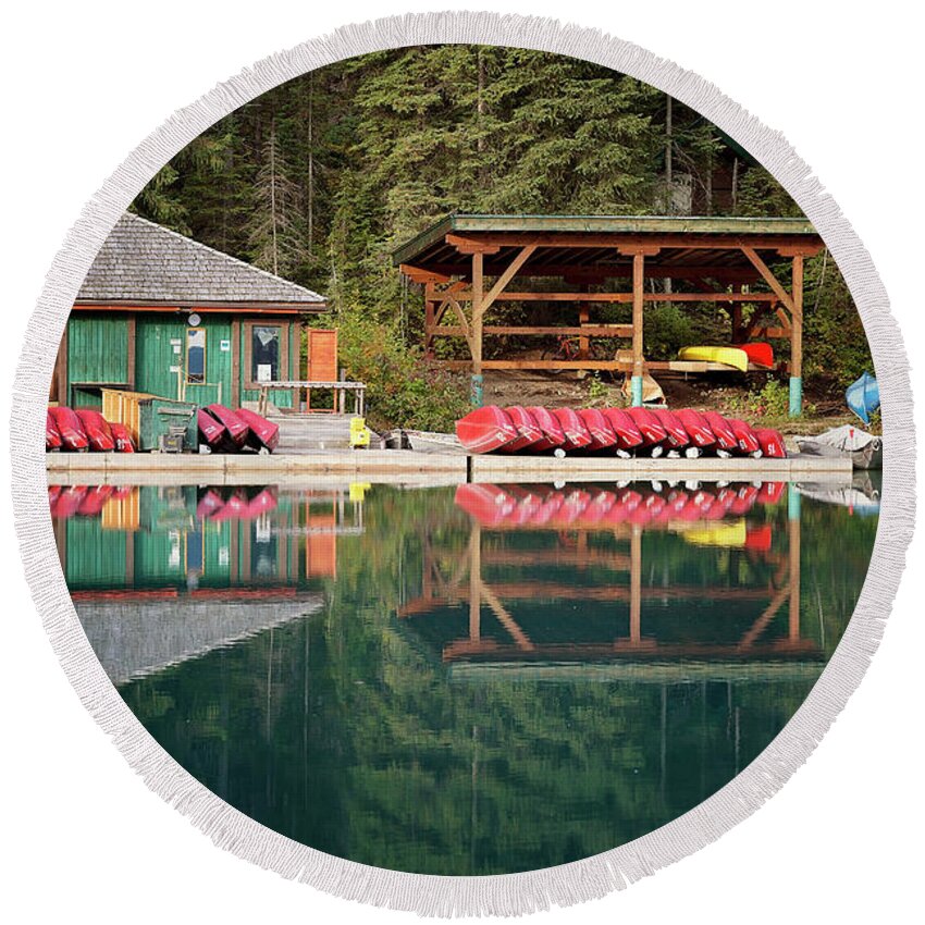 Emerald Lake Round Beach Towel featuring the photograph Emerald Lake Boathouse by Deborah Penland