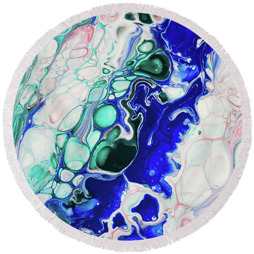 Jenny Rainbow Fine Art Photography Round Beach Towel featuring the photograph Emerald, Sapphire and Ruby Fragment 7. Abstract Fluid Acrylic Painting by Jenny Rainbow
