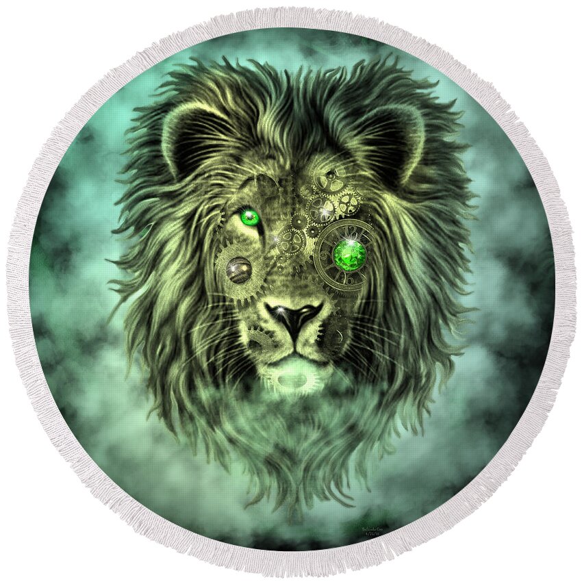 Digital Art Round Beach Towel featuring the digital art Emerald Steampunk Lion King by Artful Oasis