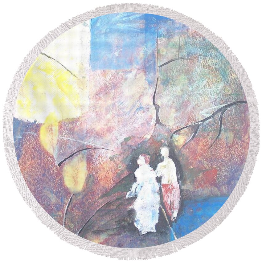 Collage Round Beach Towel featuring the painting Emergence by Christine Lathrop