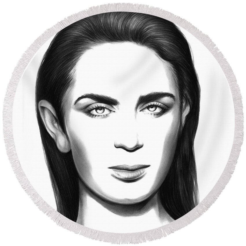 Emily Blunt Round Beach Towel featuring the drawing Emily Blunt by Greg Joens