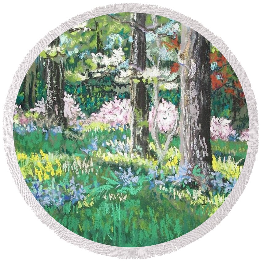 Original Round Beach Towel featuring the painting Emily's Azaelia and Bluebonnets by Judith Young