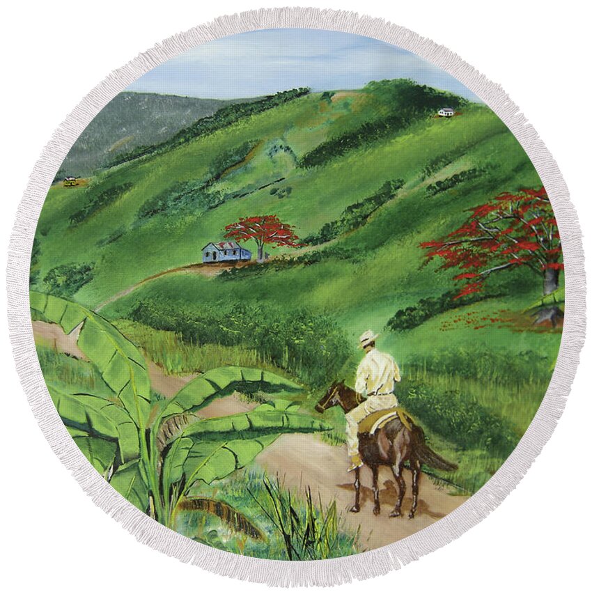 Man On Horseback Round Beach Towel featuring the painting En El Campo A Caballo by Luis F Rodriguez