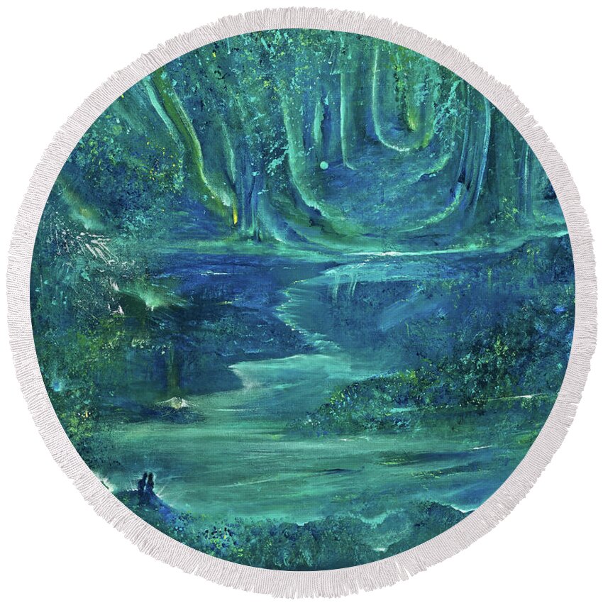 Enchanted Forest Art Round Beach Towel featuring the painting Enchanted Forest by Lily Nava-Nicholson