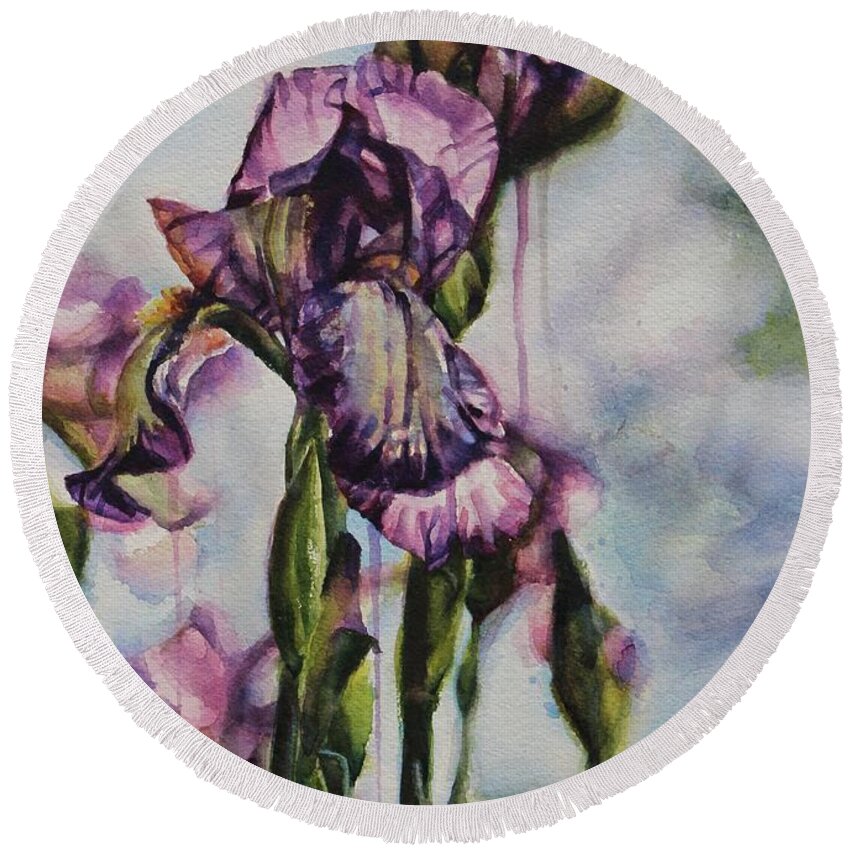 Watercolor Round Beach Towel featuring the painting Enchanted Iris Garden by Tracy Male