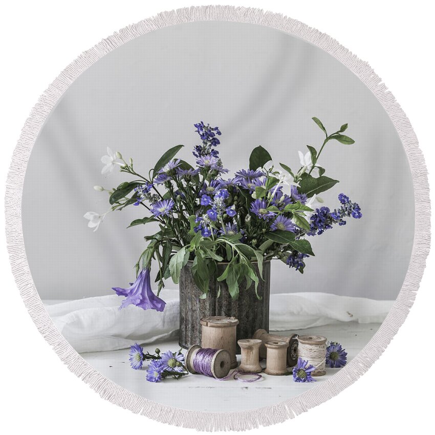 Purple Aster Flowers Round Beach Towel featuring the photograph Enchanted by Kim Hojnacki