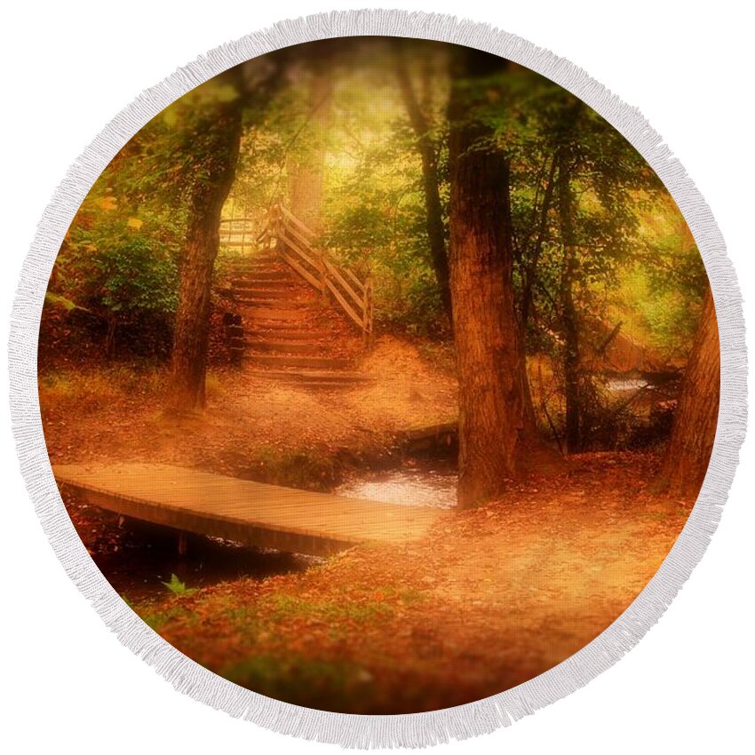 Autumn Round Beach Towel featuring the photograph Enchanted Path - Allaire State Park by Angie Tirado