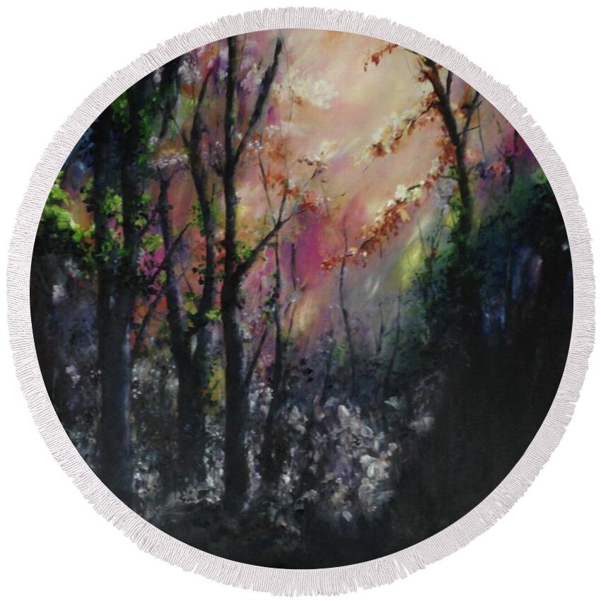 Woodland Round Beach Towel featuring the painting Enchanted woodlands by Lizzy Forrester