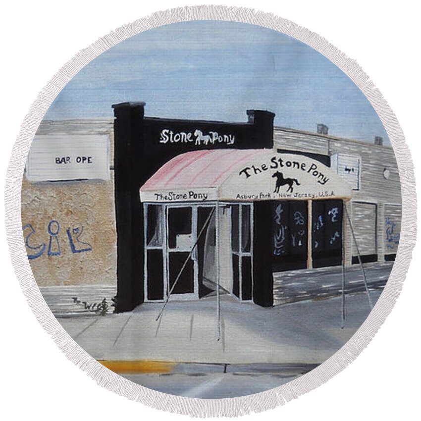 Acrylic Painting Of The Stone Pony Round Beach Towel featuring the painting End of an Era by Patricia Arroyo