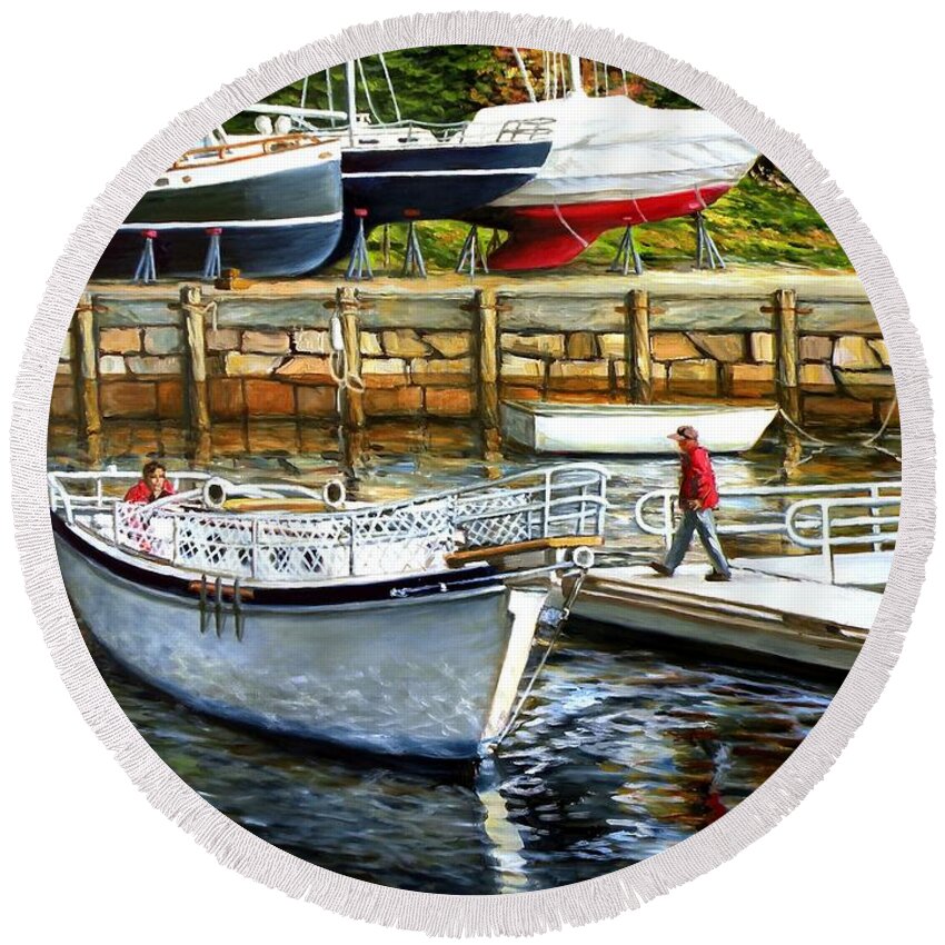 Maine Round Beach Towel featuring the painting End Of Season Rockport Maine by Eileen Patten Oliver