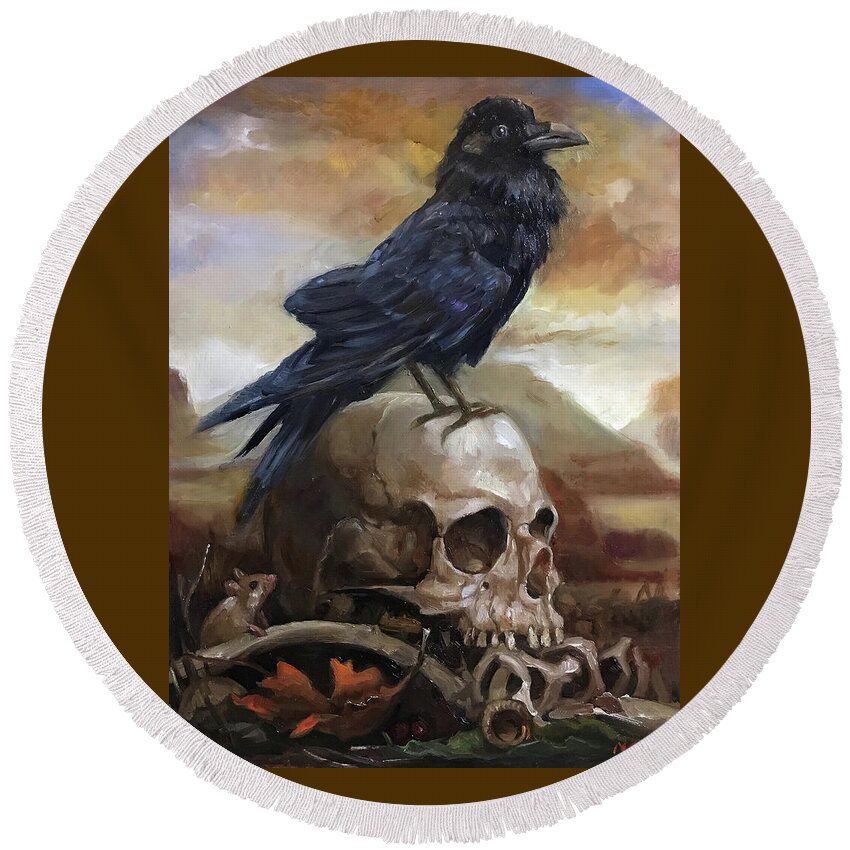 Raven Round Beach Towel featuring the painting End of Time by Margot King
