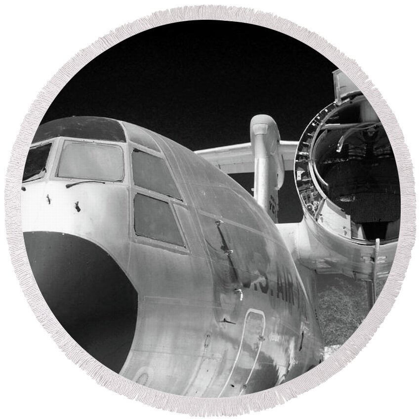 Plane Round Beach Towel featuring the photograph Engine Gone bw #62 by Raymond Magnani