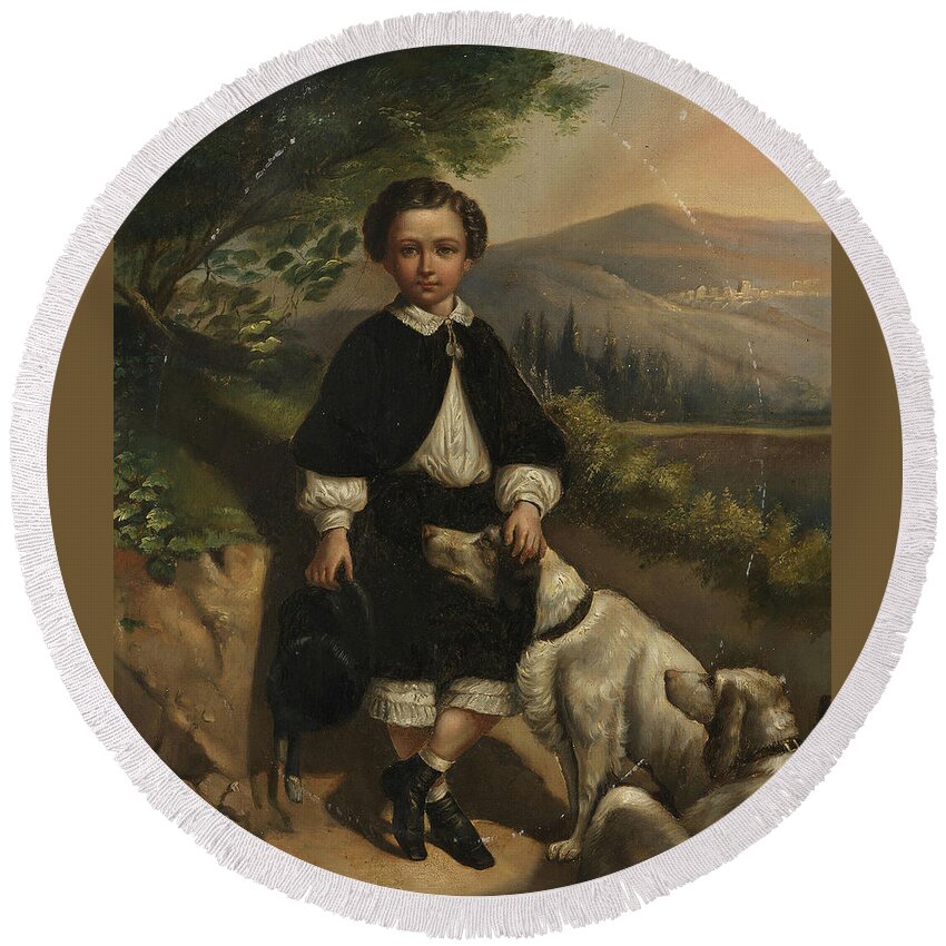 England Boy Portrait With Dogs. Mid 19th Century Round Beach Towel featuring the painting England boy portrait with dogs by MotionAge Designs