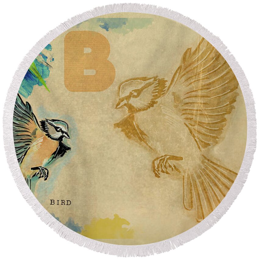 Educational Round Beach Towel featuring the drawing English alphabet , Bird by Ariadna De Raadt