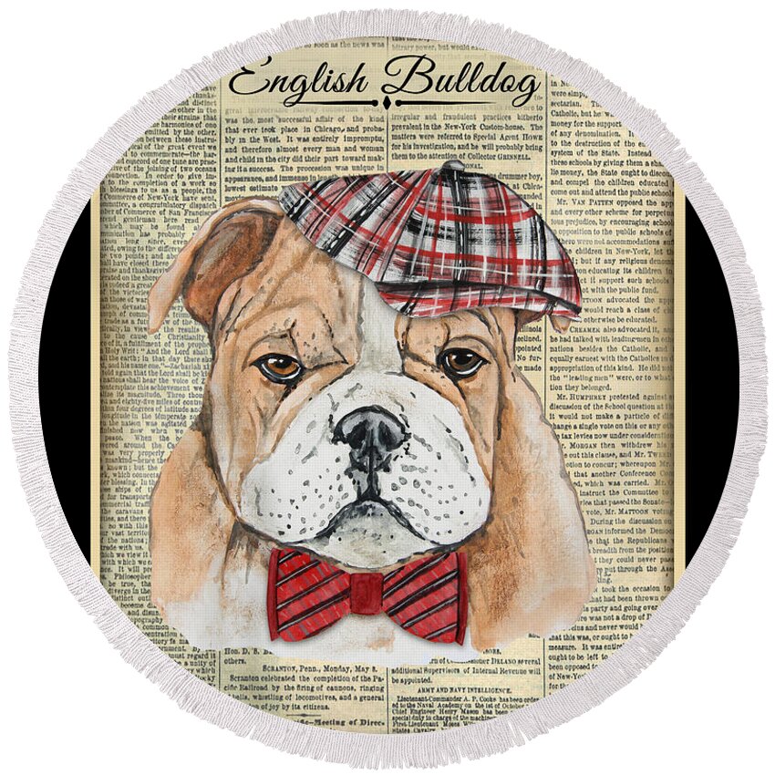 English Bulldog Round Beach Towel featuring the painting English Bulldog-JP3858 by Jean Plout