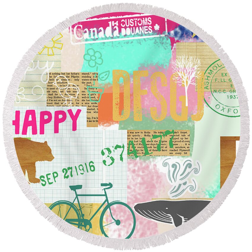 Enjoy Every Moment Round Beach Towel featuring the mixed media Enjoy every moment collage by Claudia Schoen