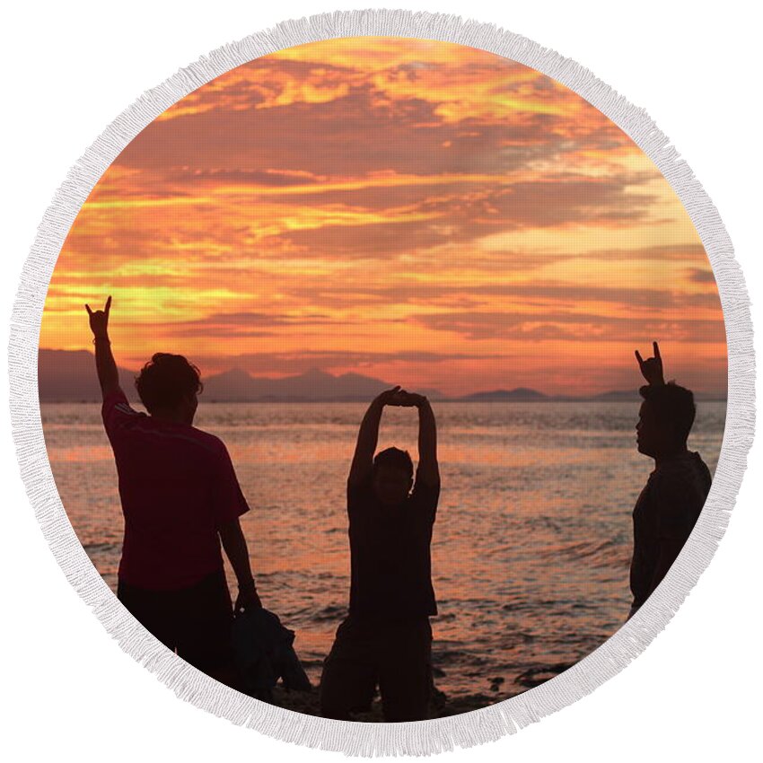 Sunrise Sea Island Smile Friends Bestfriend Trip Traveling Beach Funny Laugh Lifestyle Men Young Freedom Indonesia Camping Goodvibe Vitaminsea Morning Sunlight Round Beach Towel featuring the photograph Enjoying Sunrise With Friends by Arvy Weindo Sianturi