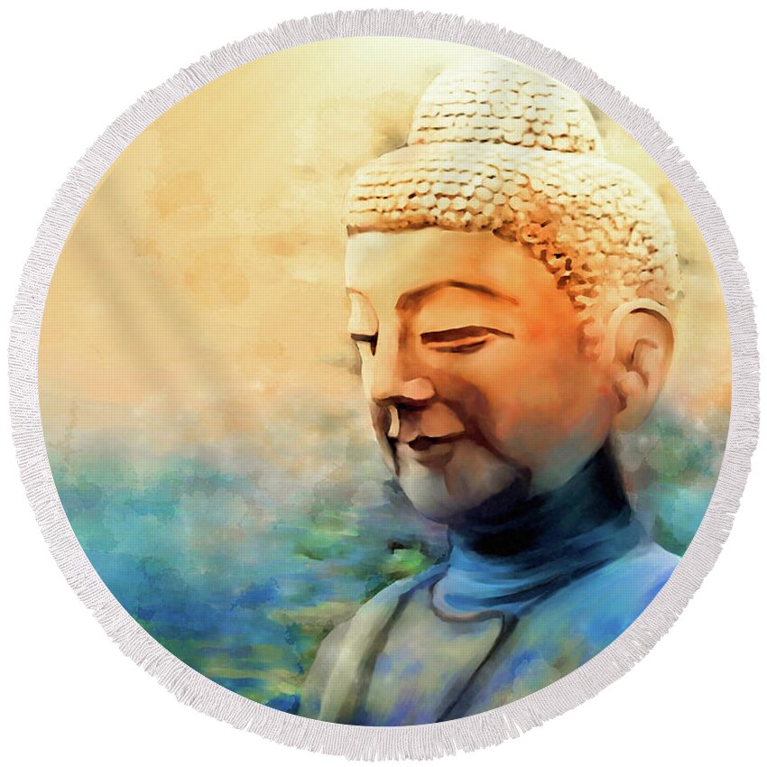 Buddha Round Beach Towel featuring the painting Enlightened One by Sand And Chi