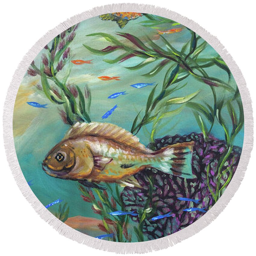 Coral Reef Round Beach Towel featuring the painting Entangled Right by Linda Olsen