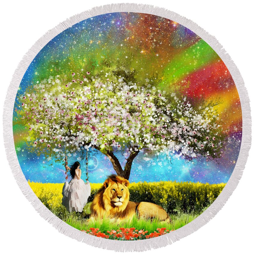 Lion Of Judah Round Beach Towel featuring the mixed media Enter into Gods Rest by Dolores Develde