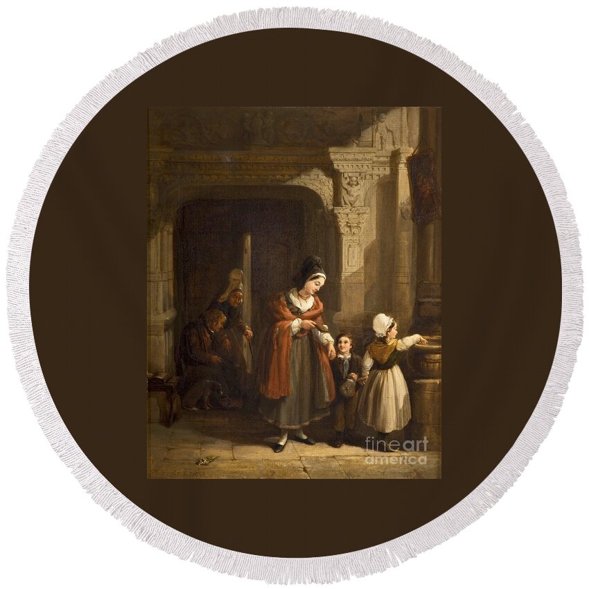 Frederick Goodall - Entering A Church Round Beach Towel featuring the painting Entering a Church Brittany by MotionAge Designs