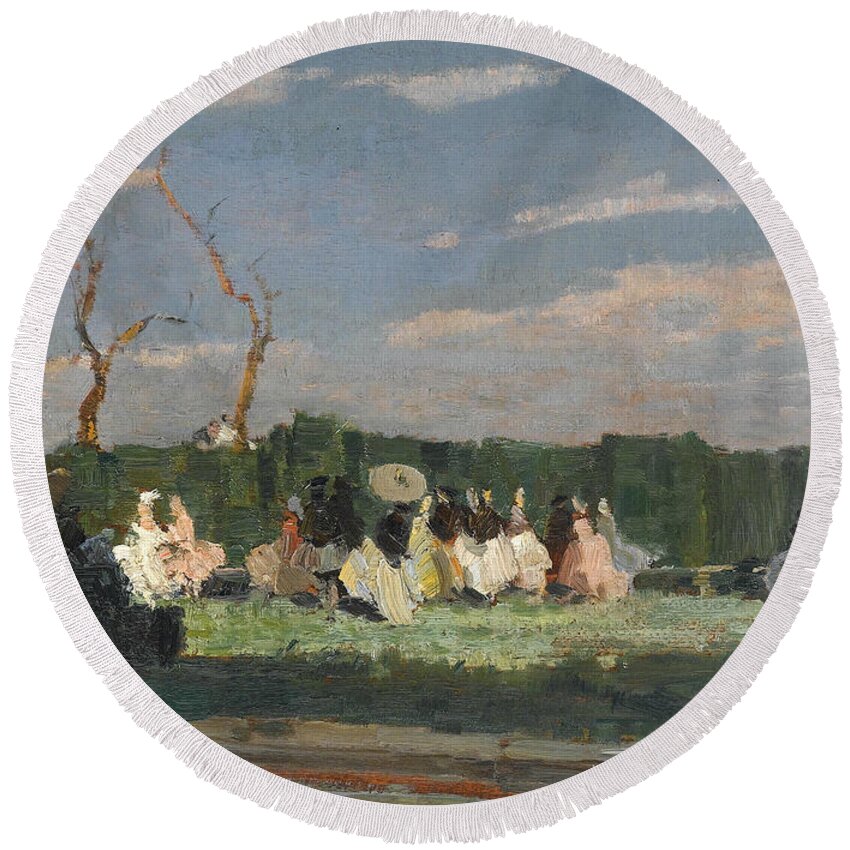 19th Century Art Round Beach Towel featuring the painting Entertainment in the Garden of a Villa by Emma Ciardi