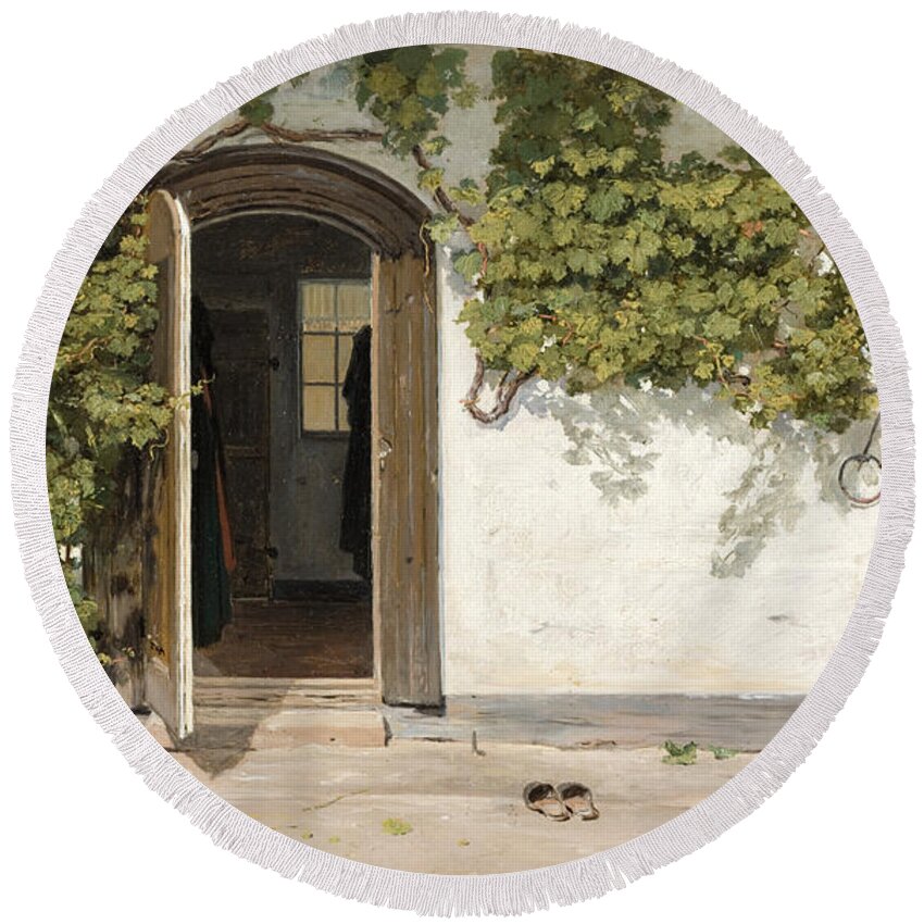 Martinus Rorbye Round Beach Towel featuring the painting Entrance to an Inn in the Praestegarden at Hillested by Martinus Rorbye