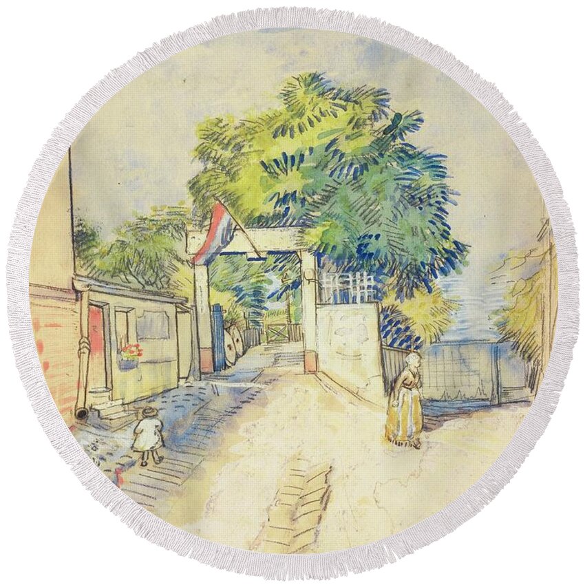 Entrance To The Moulin De La Galette Paris Round Beach Towel featuring the painting Entrance to the Moulin de la Galette Paris by MotionAge Designs