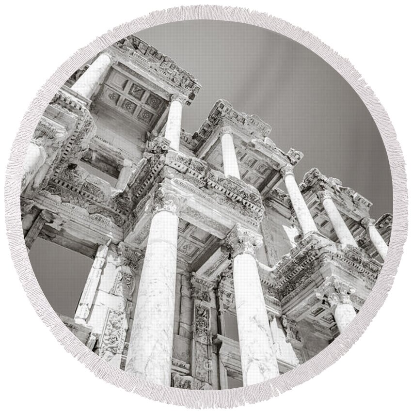 Turkey Round Beach Towel featuring the photograph Ephesus Library in Black and White by Anthony Doudt