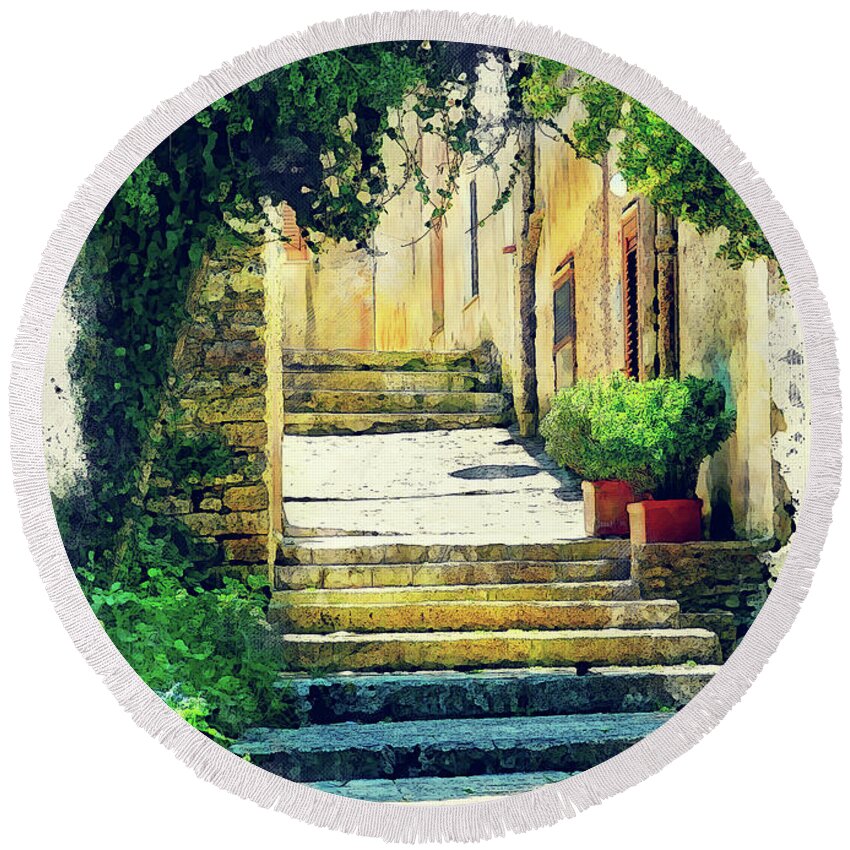 Erice Round Beach Towel featuring the painting Erice art 8 Sicilia by Justyna Jaszke JBJart