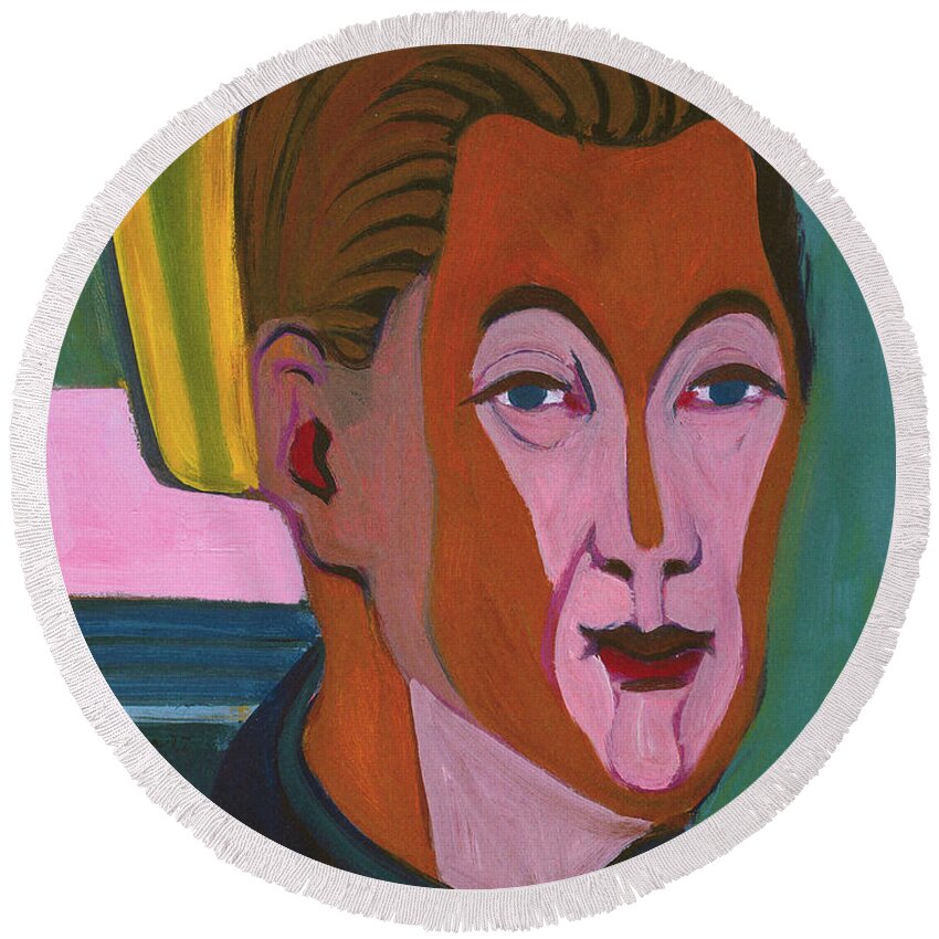Ernst Ludwig Kirchner Round Beach Towel featuring the painting Ernst Ludwig Kirchner Self Portrait 1925 by Movie Poster Prints