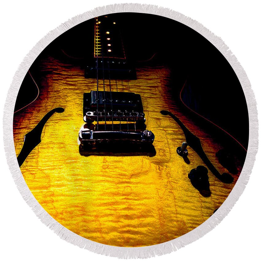 Guitar Round Beach Towel featuring the digital art ES-335 Dots Flame Burst Spotlight Series by Guitarwacky Fine Art