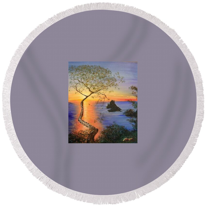 Sunset Round Beach Towel featuring the painting Es Vedra Island Off Ibiza South Coast by Lizzy Forrester